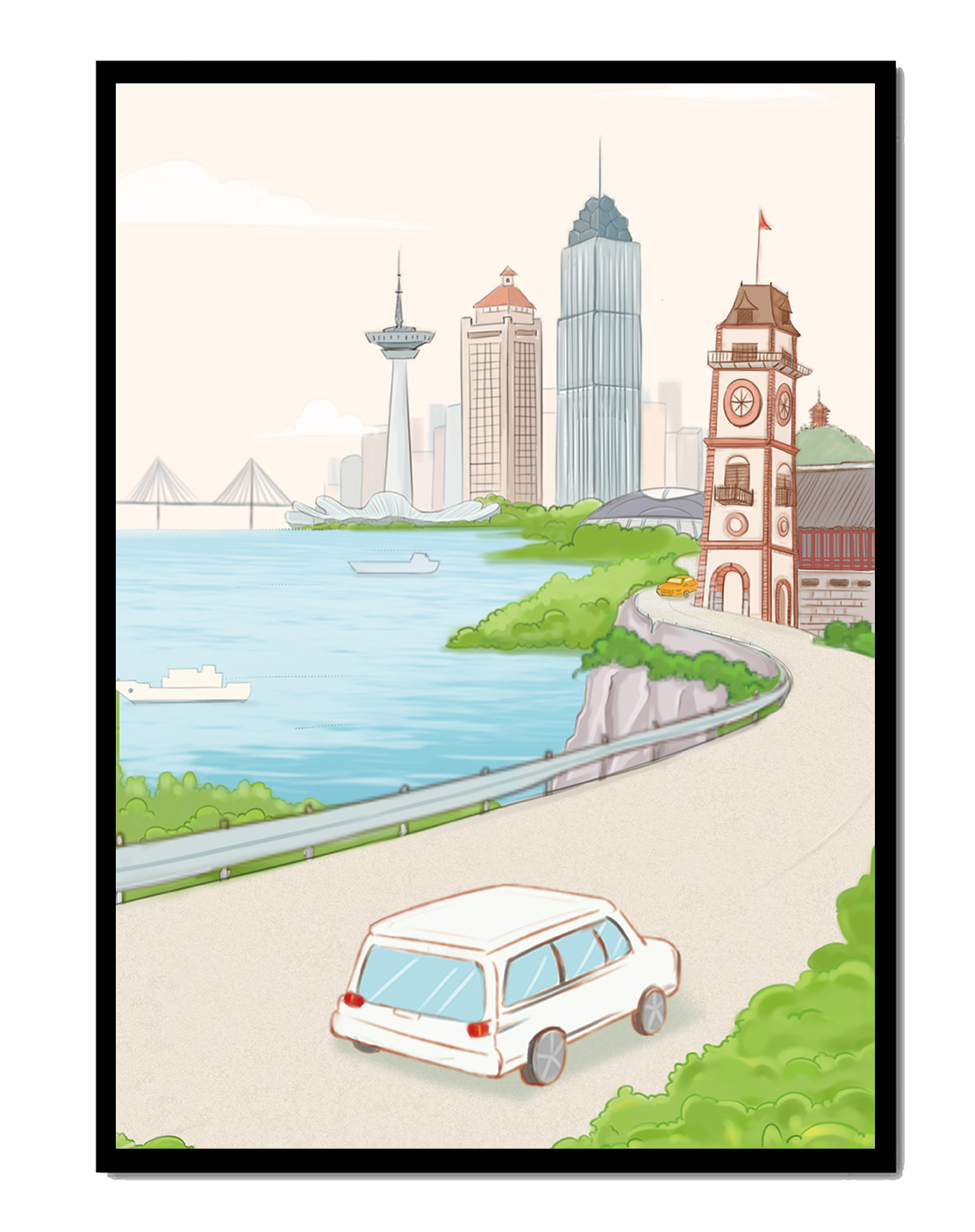 Scenic coastal cityscape with modern buildings and a classic clock tower