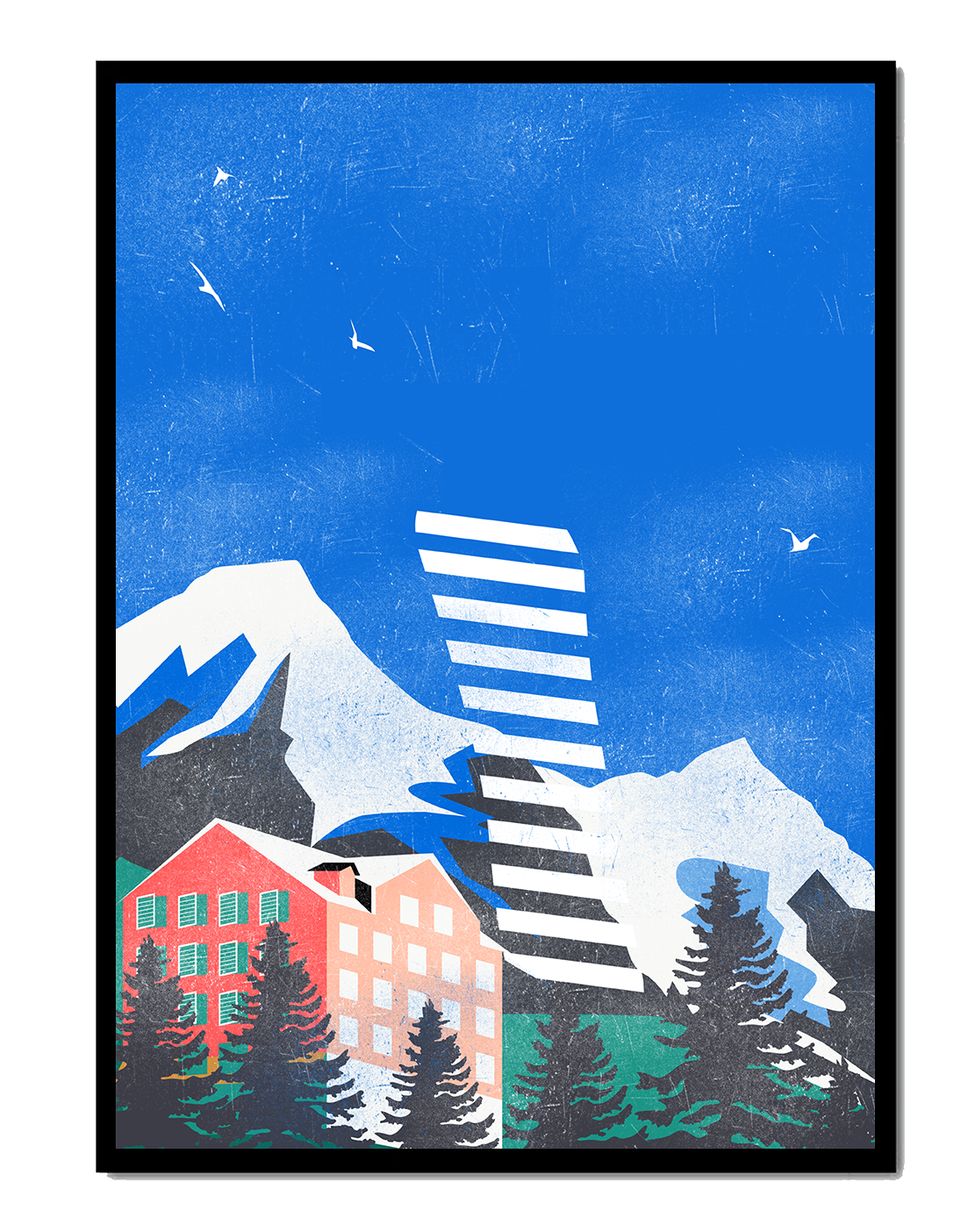 Mountain Resort in a Vibrant Landscape with Blue Sky and Birds