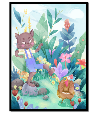 Playful Cat and Chicken in Vibrant Forest Scene Illustration