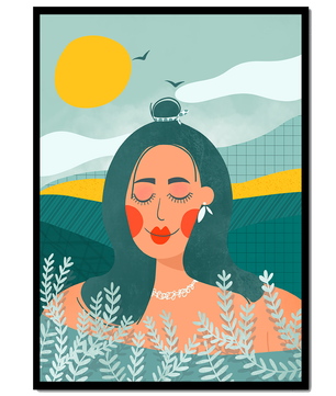 Portrait féminin abstrait et serein avec des éléments de nature