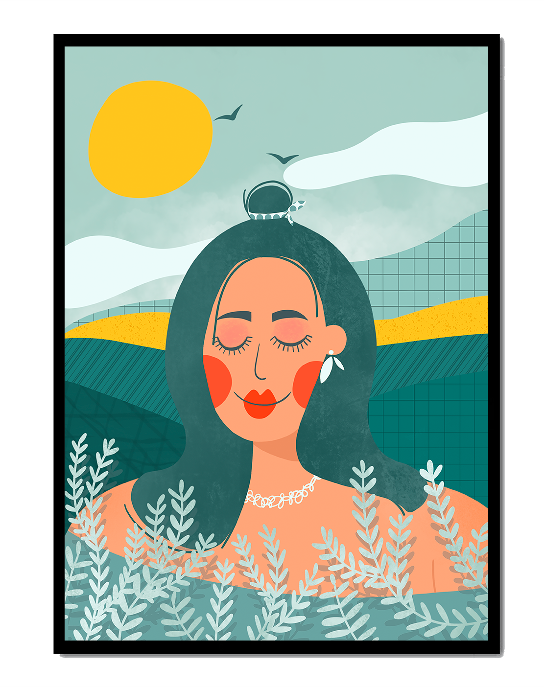 Portrait féminin abstrait et serein avec des éléments de nature