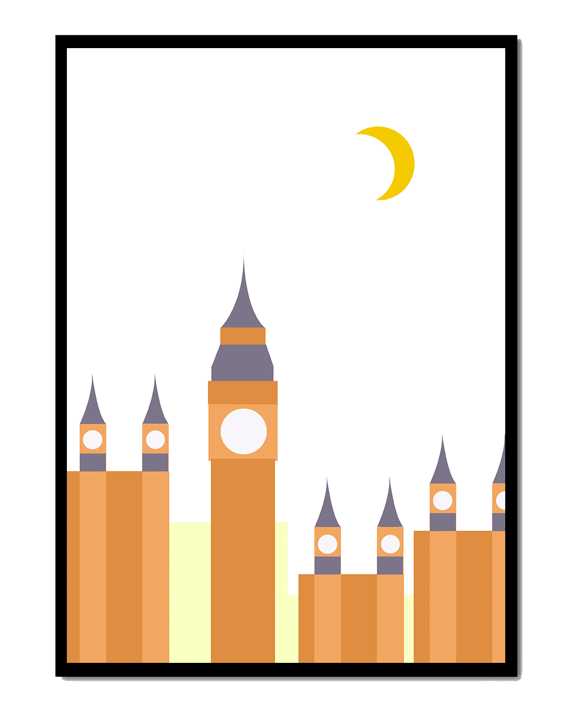 Minimalist illustration of iconic clock tower with crescent moon