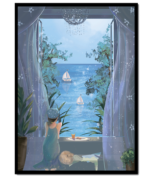 Peaceful Seaside View Through Open Window with Girl and Cat