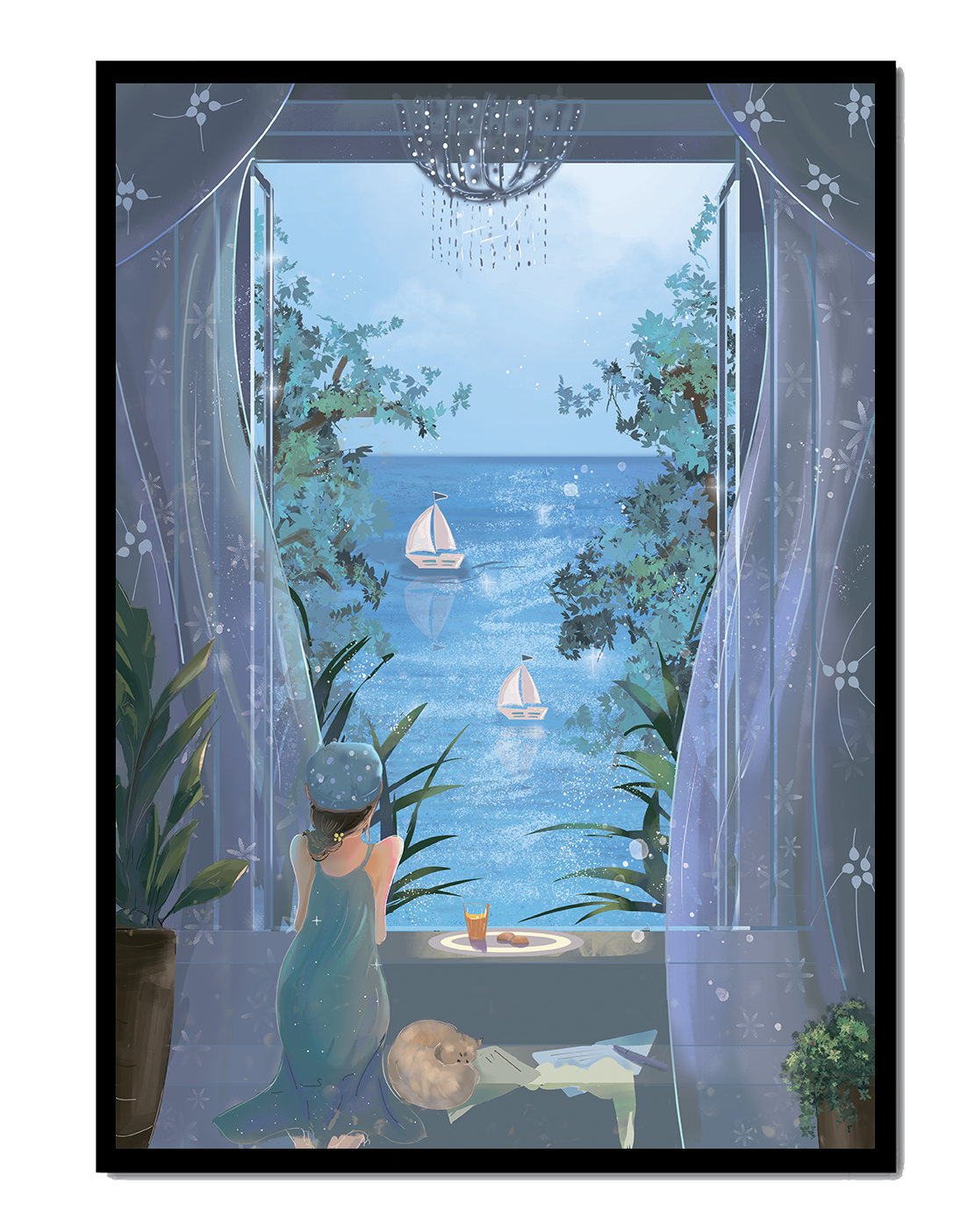 Peaceful Seaside View Through Open Window with Girl and Cat