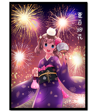 Girl in Yukata Celebrating Fireworks Festival with Cat and Fan