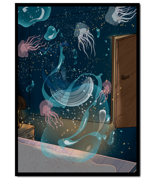 Tema de cuarto submarino con medusas y una puerta