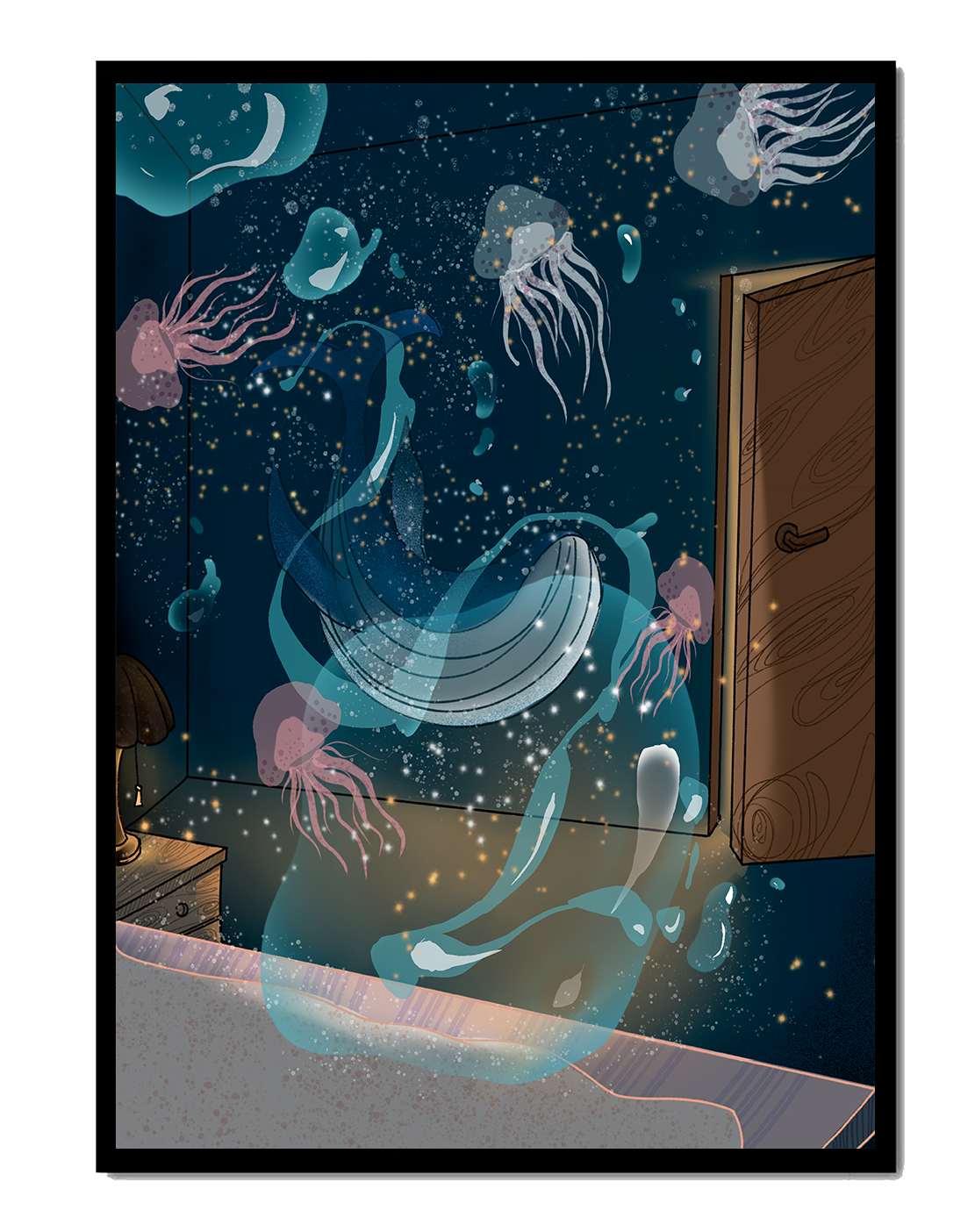 Underwater-themed room with jellyfish and a door
