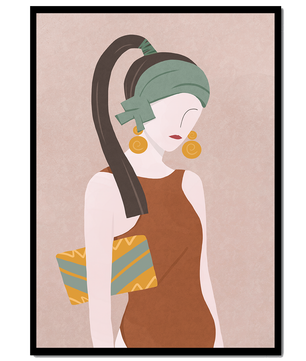 Retrato de mujer estilizado con colores apagados y elementos geométricos