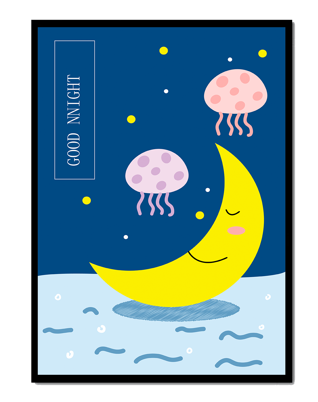 Whimsical night scene with a smiling moon and playful jellyfish