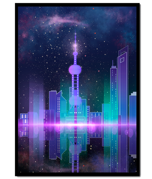 Futuristische Skyline mit leuchtenden Türmen unter sternenklarer Nacht