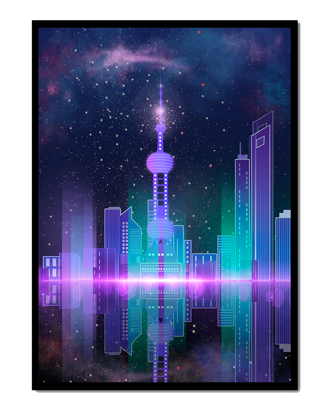 Futuristische Skyline mit leuchtenden Türmen unter sternenklarer Nacht