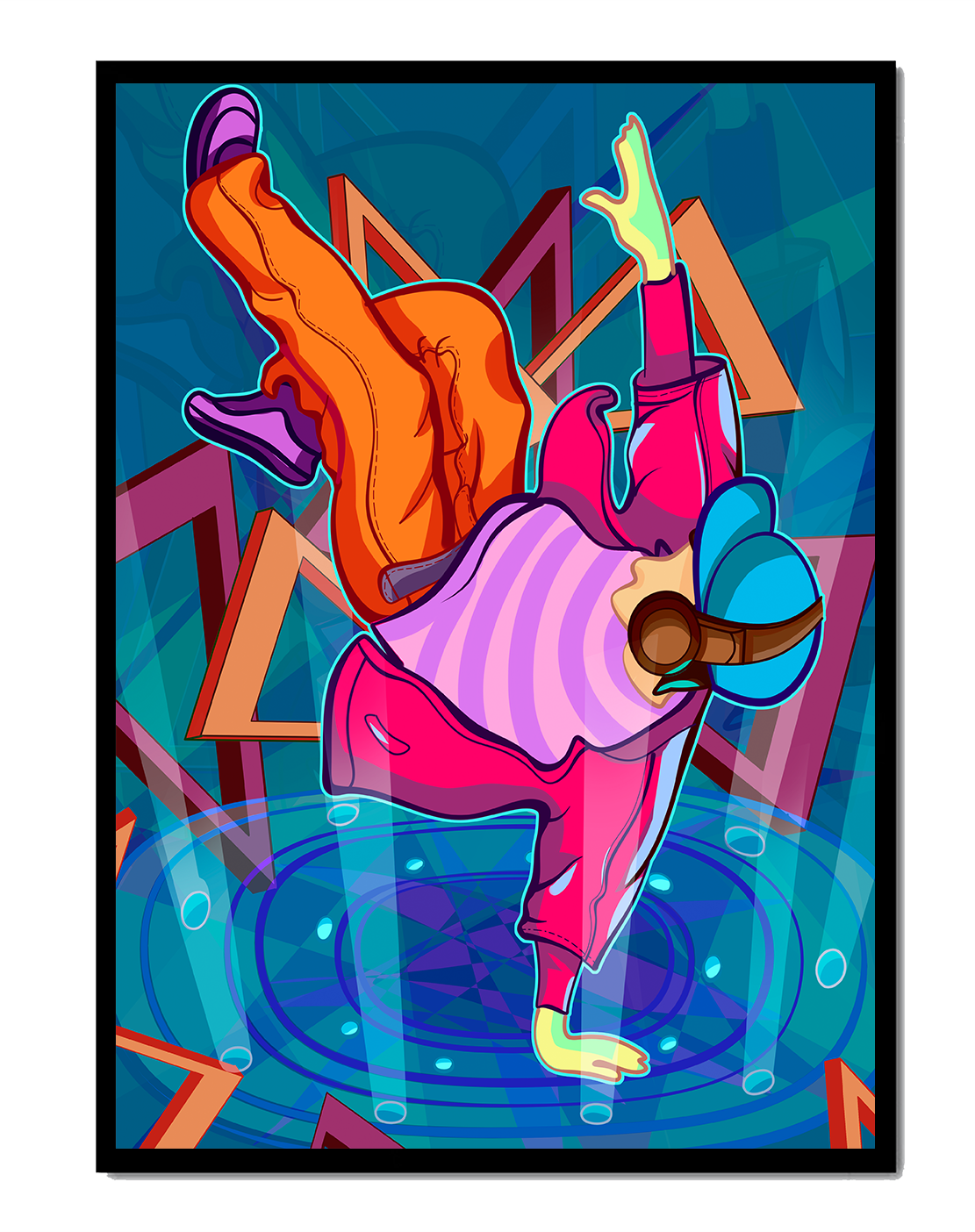 Colorful breakdancer in dynamic urban artwork