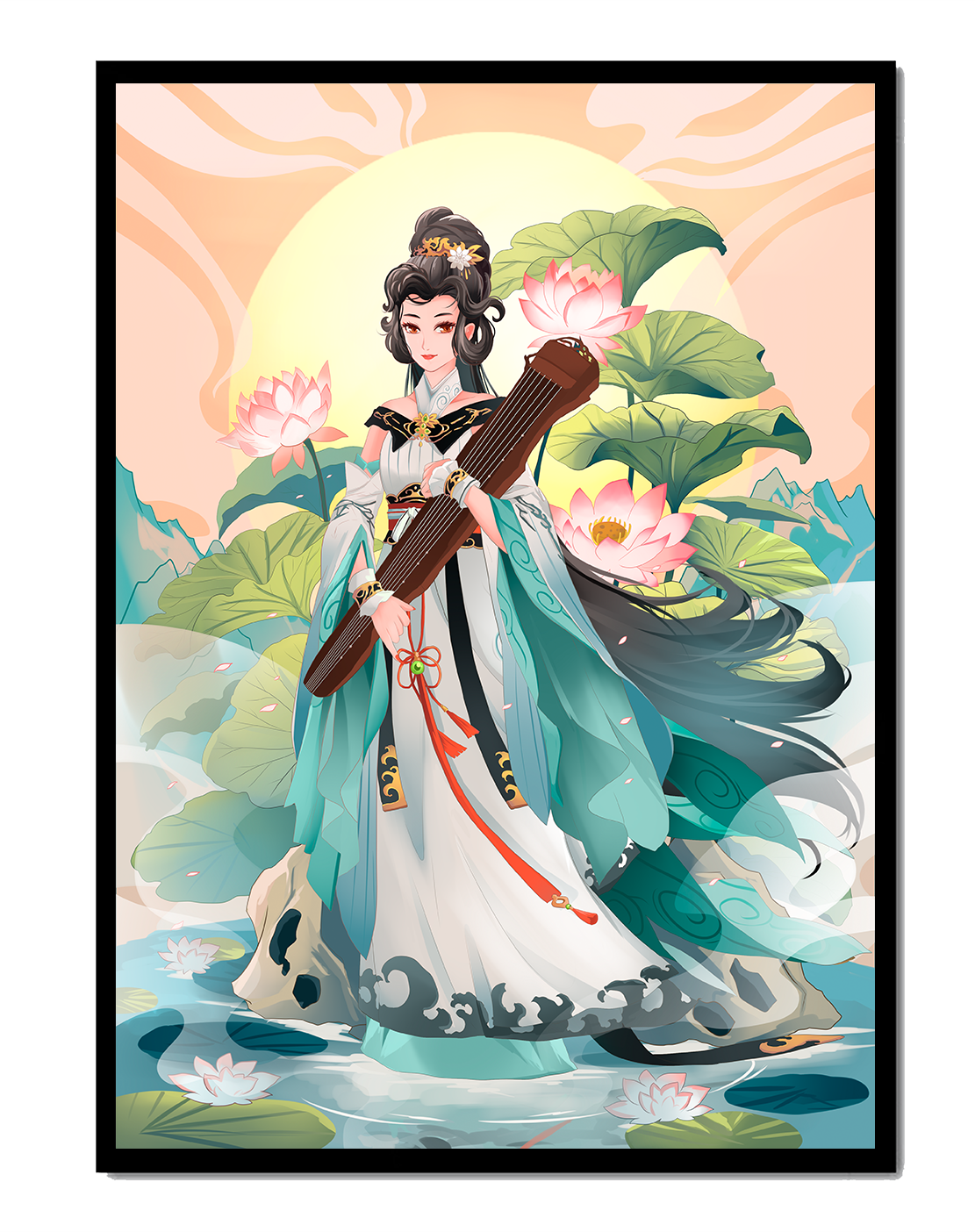 Elegant woman with traditional clothing and musical instrument in serene nature setting