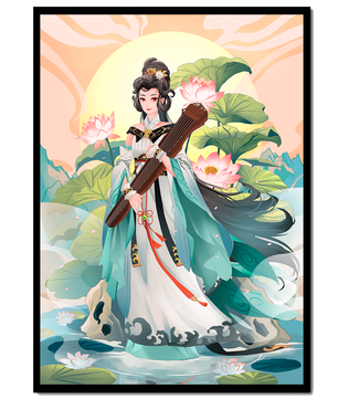Elegant woman with traditional clothing and musical instrument in serene nature setting