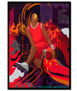 Ilustración dinámica de un jugador de baloncesto en movimiento con patrones abstractos