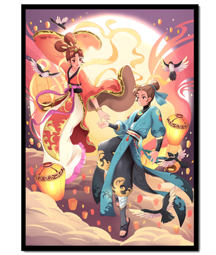 Dynamic anime scene with traditional attire and lanterns