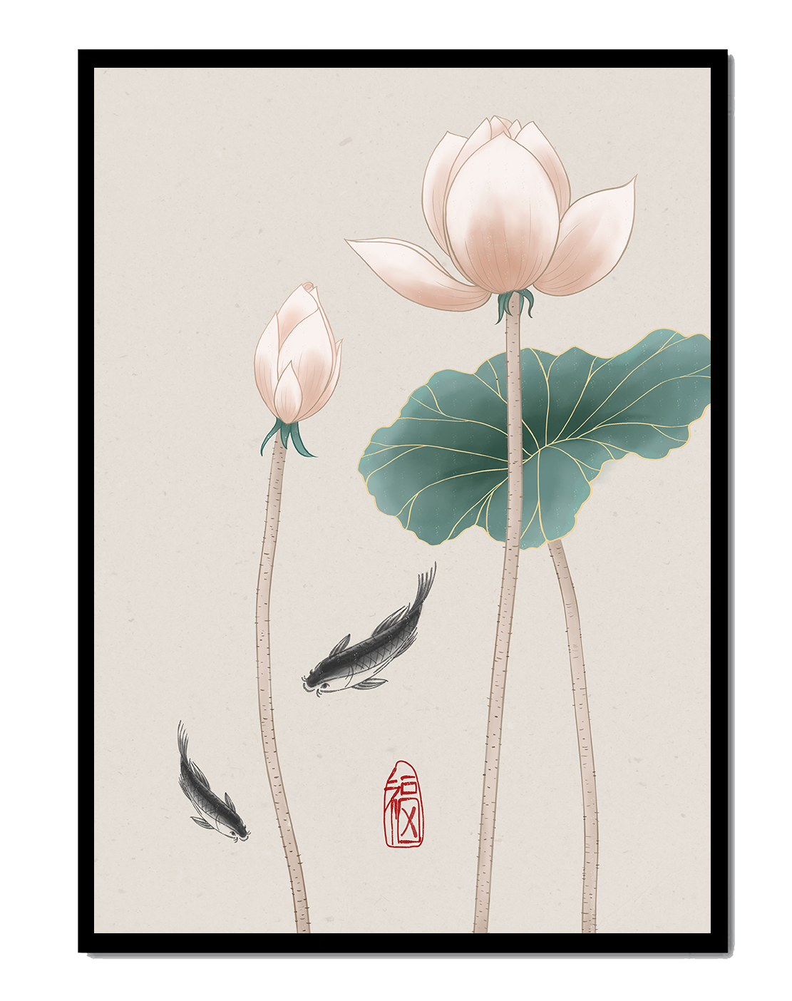 Lotus flowers and koi fish in minimalist Asian art illustration