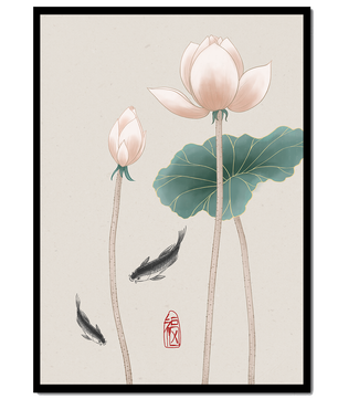 Fleurs de lotus et carpes koï dans une illustration d’art asiatique minimaliste