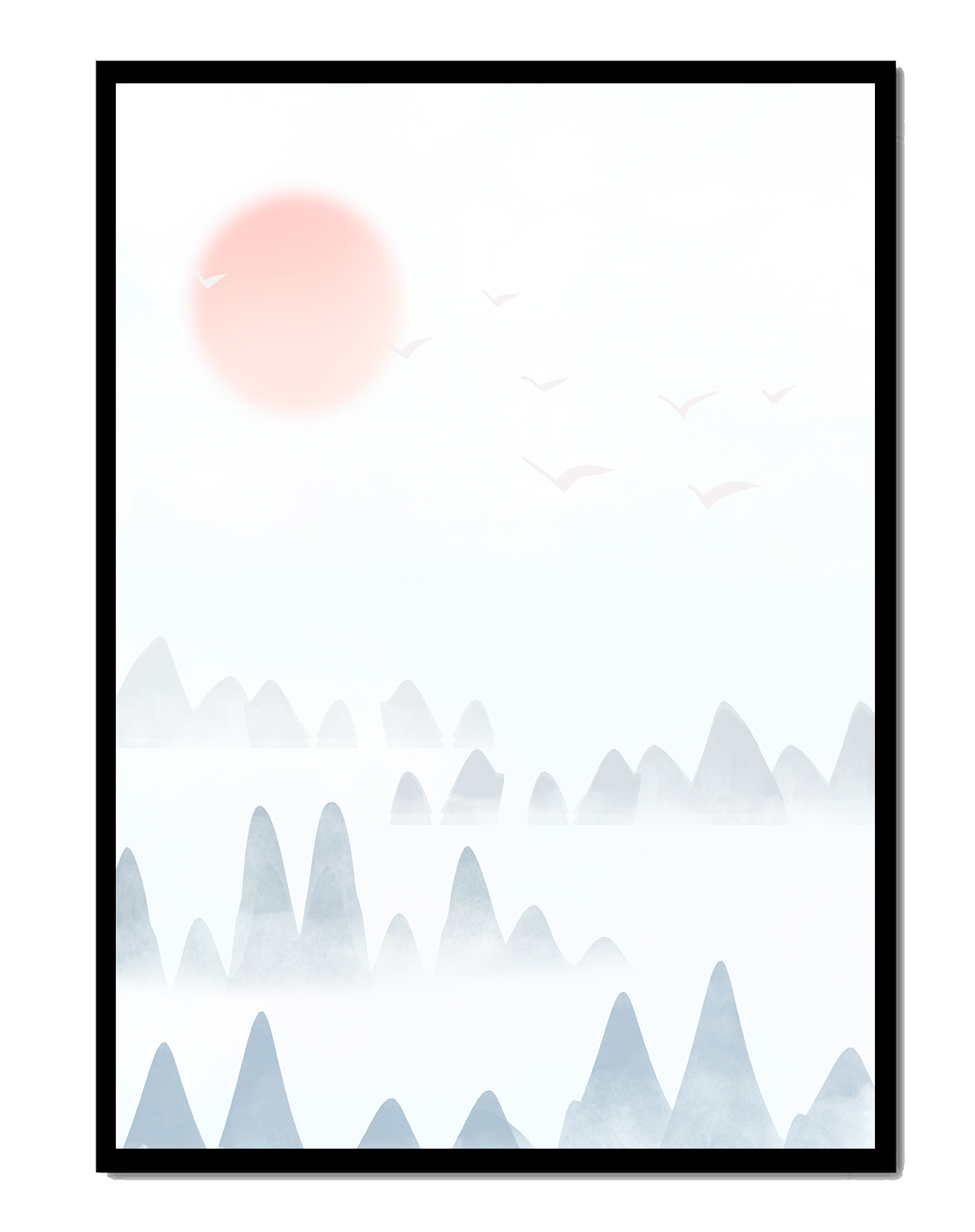 Minimalistic Mountain Landscape with Soft Colors and Birds in the Sky