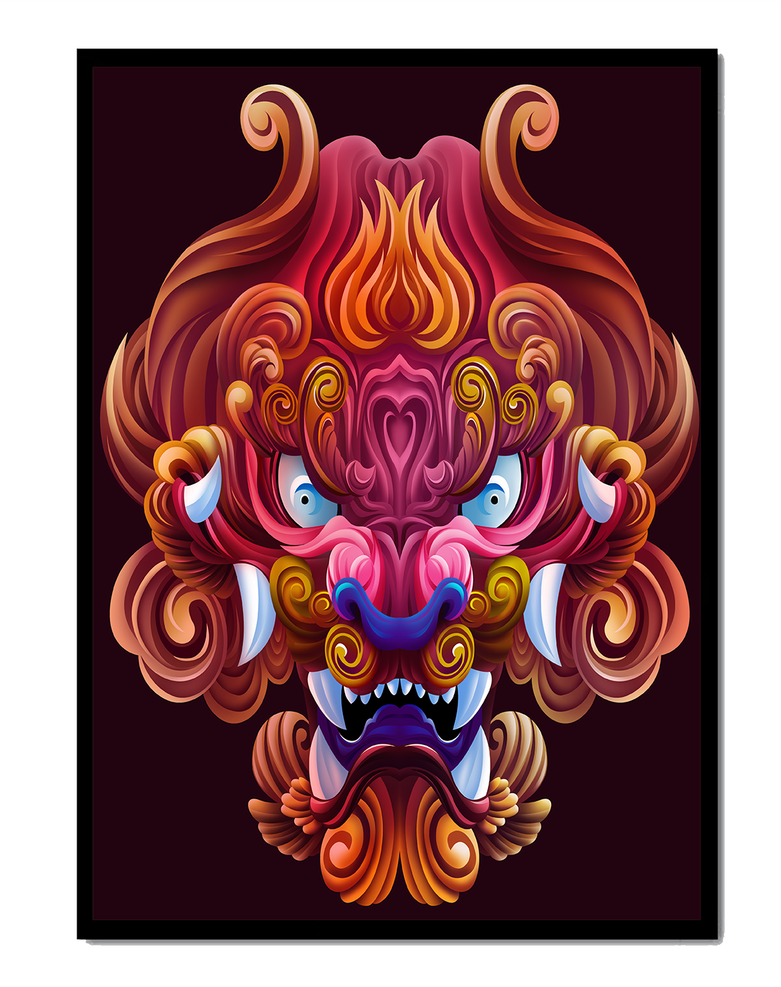 Intricate Colorful Dragon Face Illustration with Swirling Patterns