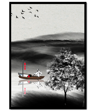 Voyage paisible en bateau dans un paysage serein avec oiseaux et arbre
