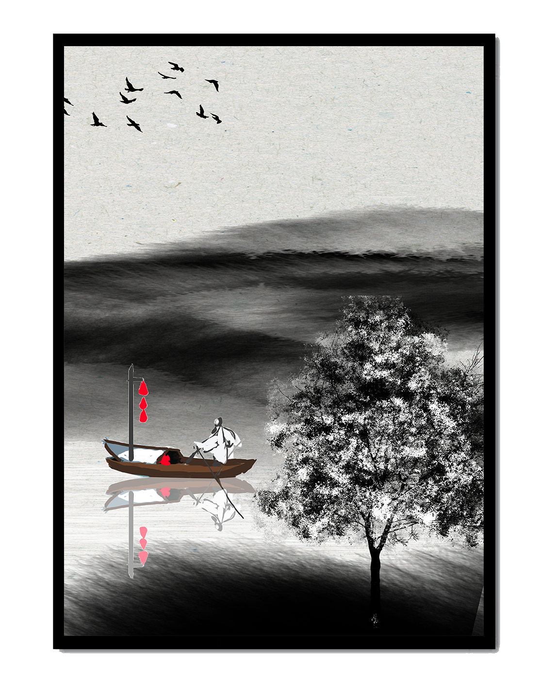 Tranquilo viaje en barco en un paisaje sereno con pájaros y árbol