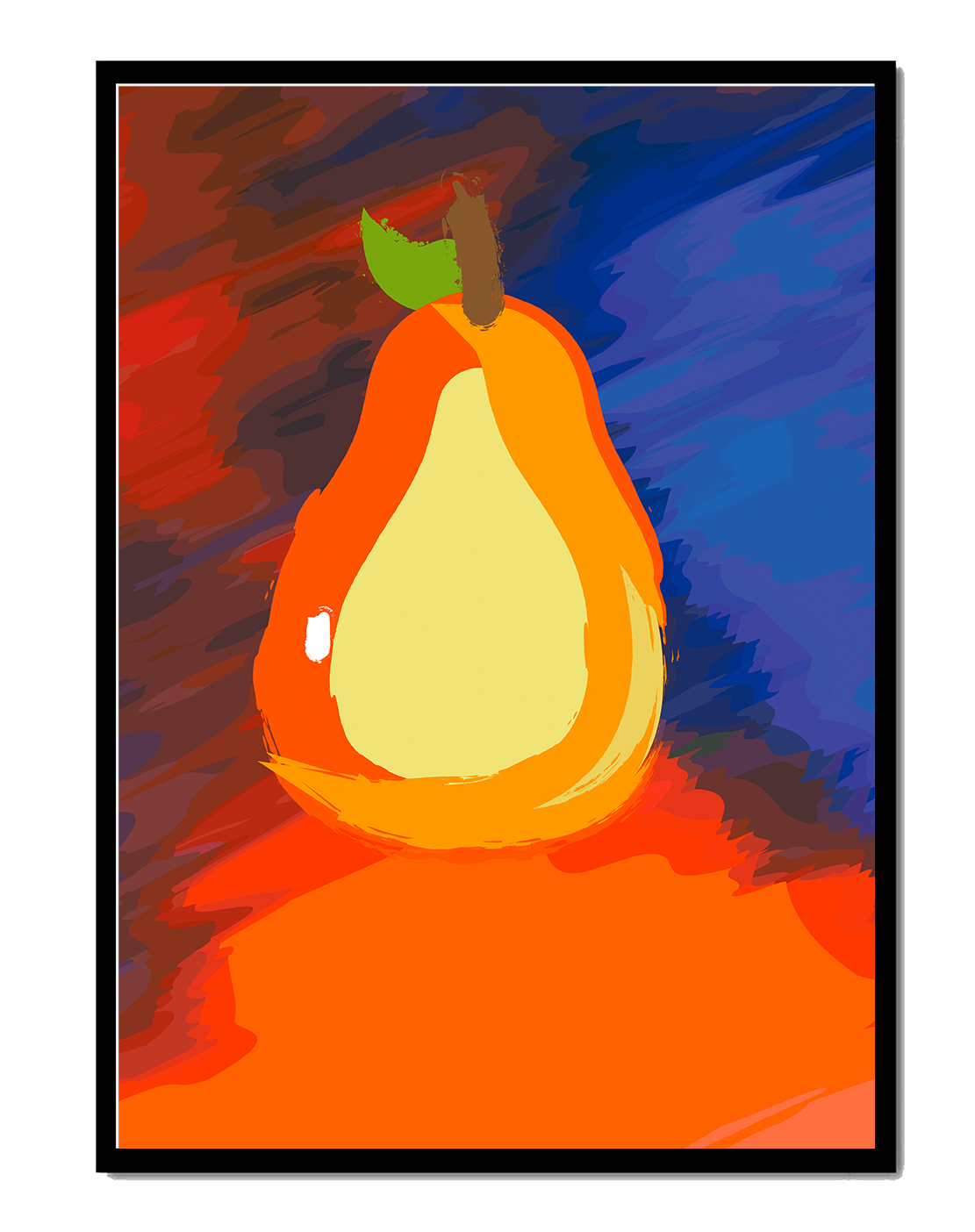 Pintura abstracta de una pera colorida sobre un fondo vibrante.