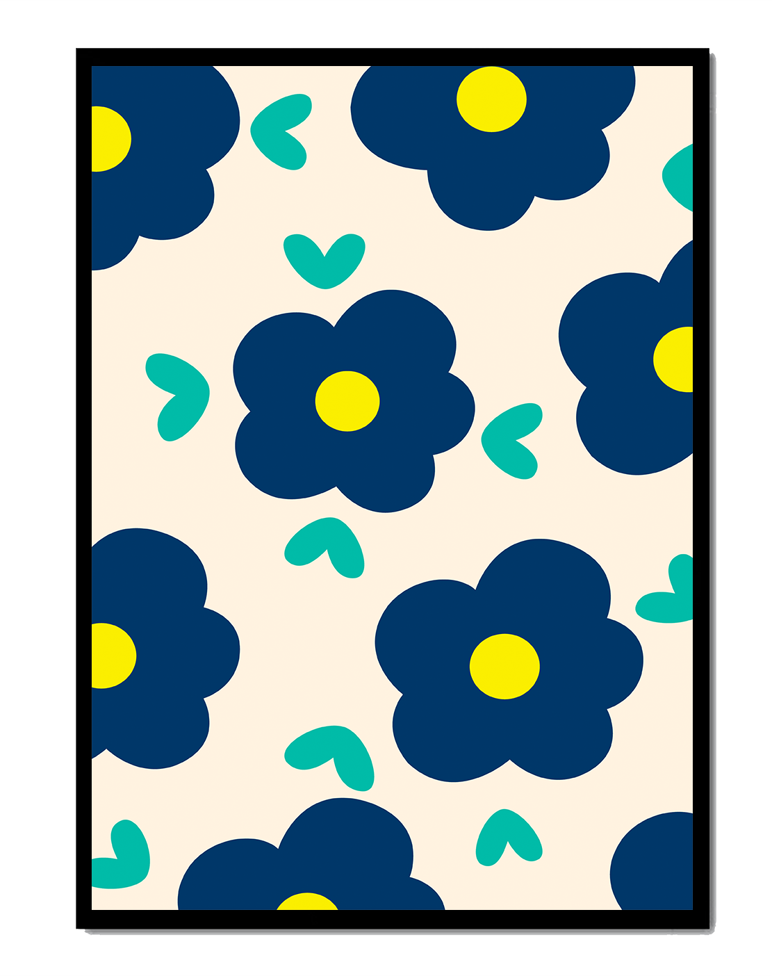 Blue floral pattern with yellow centers on cream background