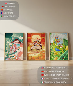 Tableaux pour enfants au style animé avec des personnages et des dragons