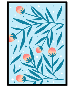 Abstract botanical pattern with colorful flowers and leaves on light blue background
