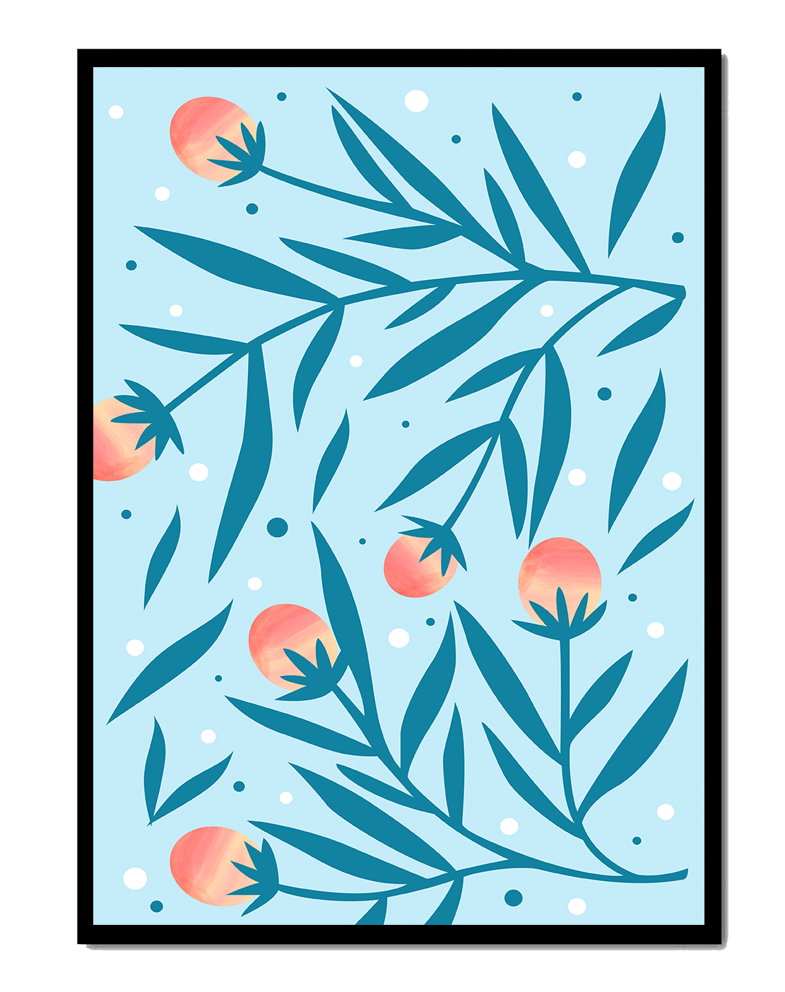 Abstract botanical pattern with colorful flowers and leaves on light blue background