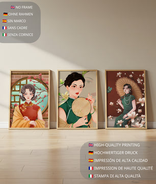 Cuadros Decorativos con Mujeres y Motivos Florales Asiáticos