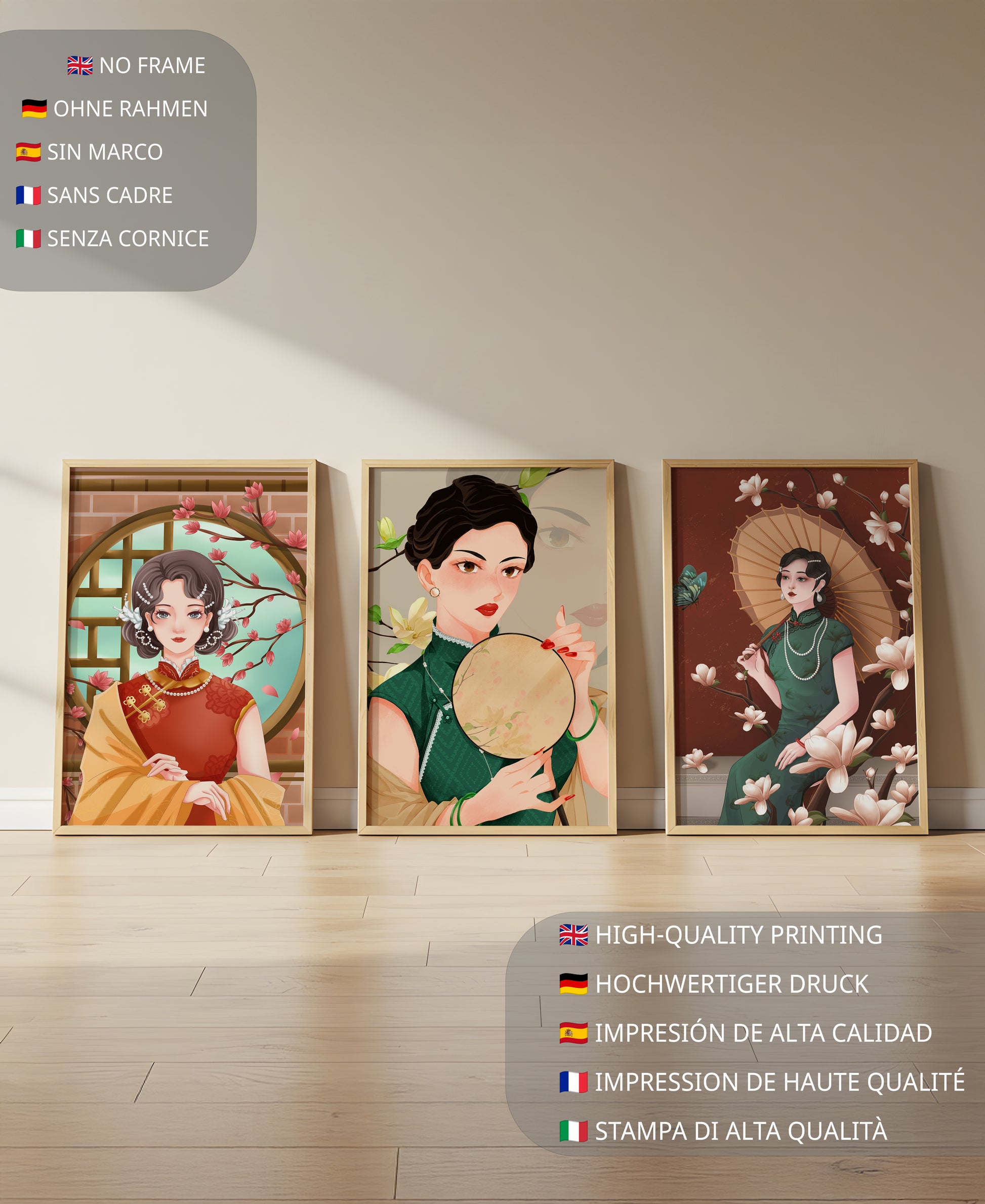 Cuadros Decorativos con Mujeres y Motivos Florales Asiáticos