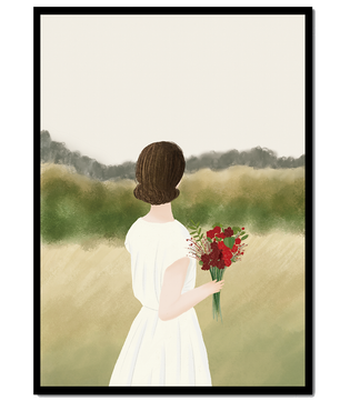 Woman in White Dress Holding Bouquet Facing Nature