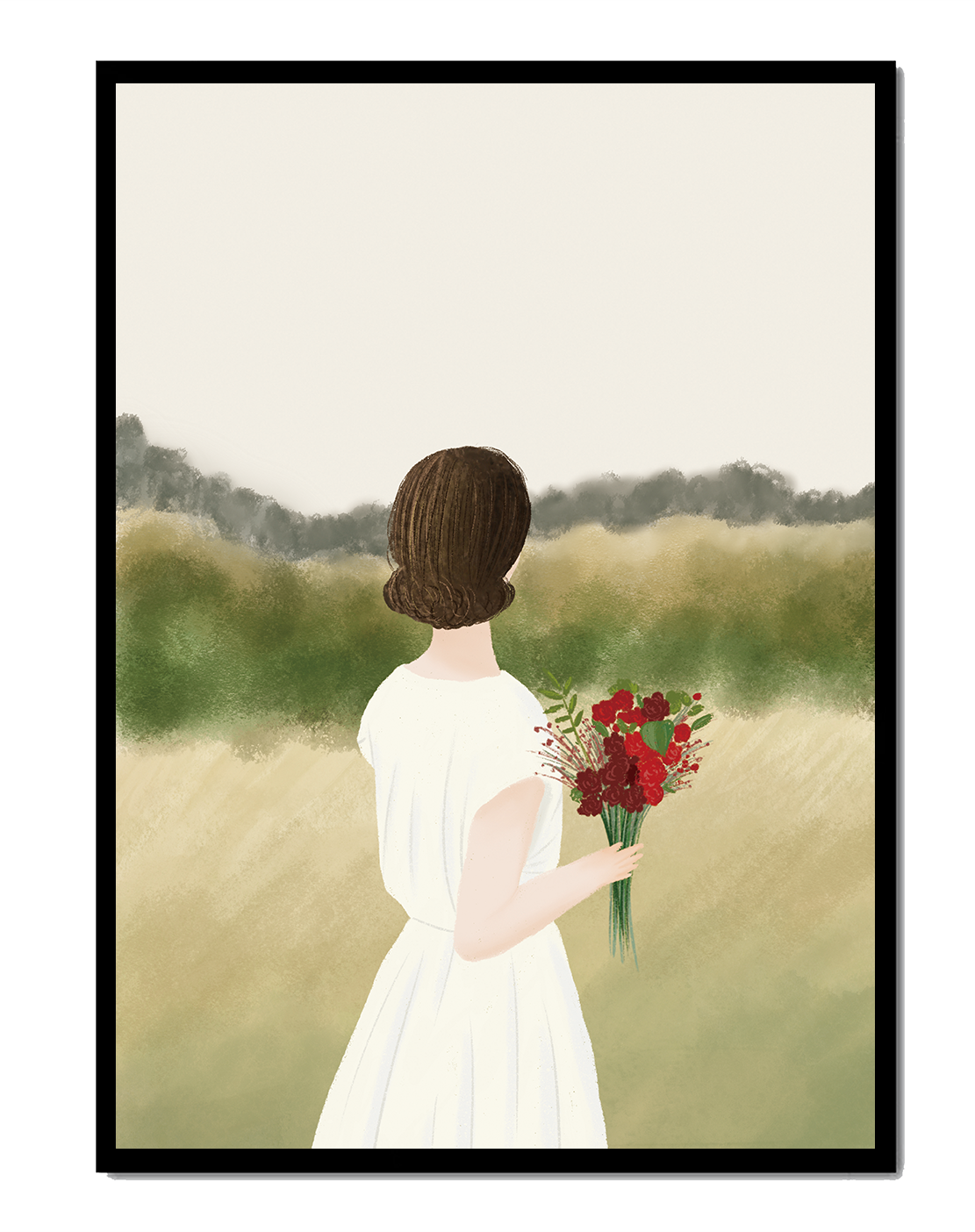 Woman in White Dress Holding Bouquet Facing Nature