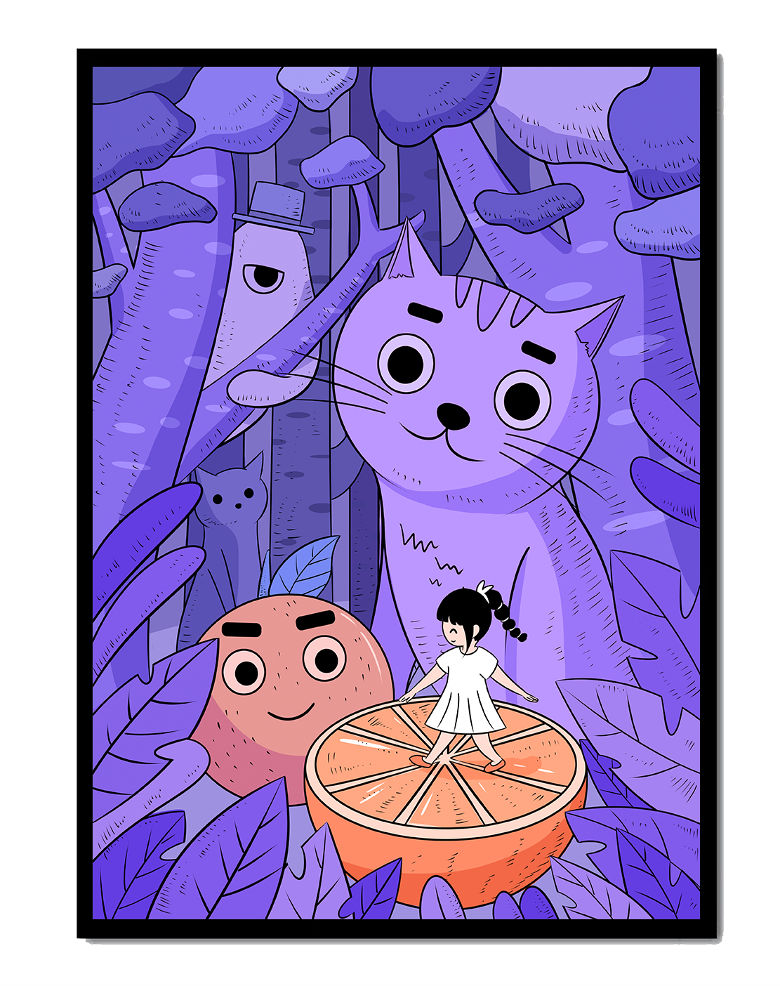 Whimsical forest scene with playful cartoon characters