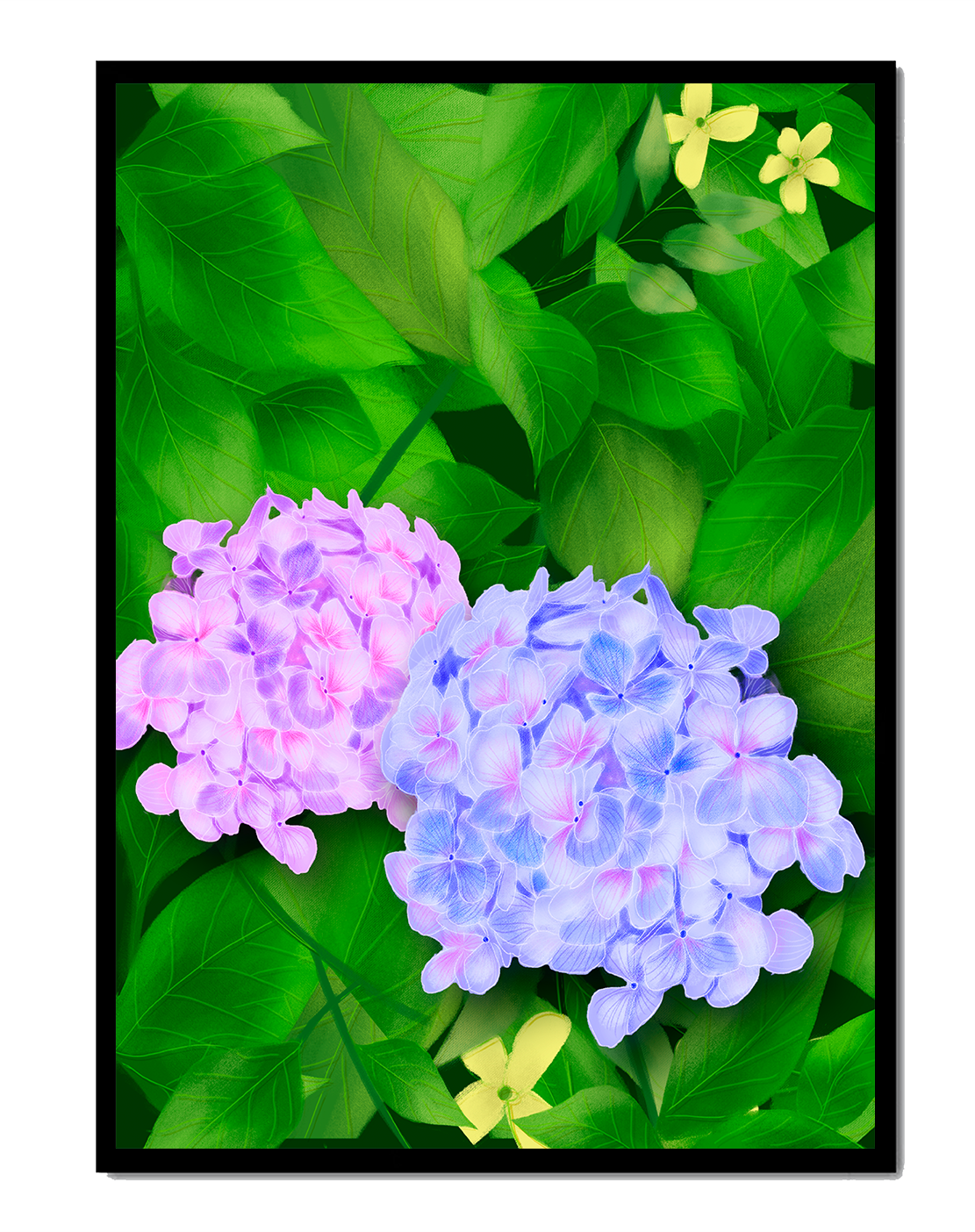 Delicate hydrangeas with lush green leaves in a vibrant botanical scene