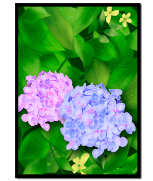Delicate hydrangeas with lush green leaves in a vibrant botanical scene