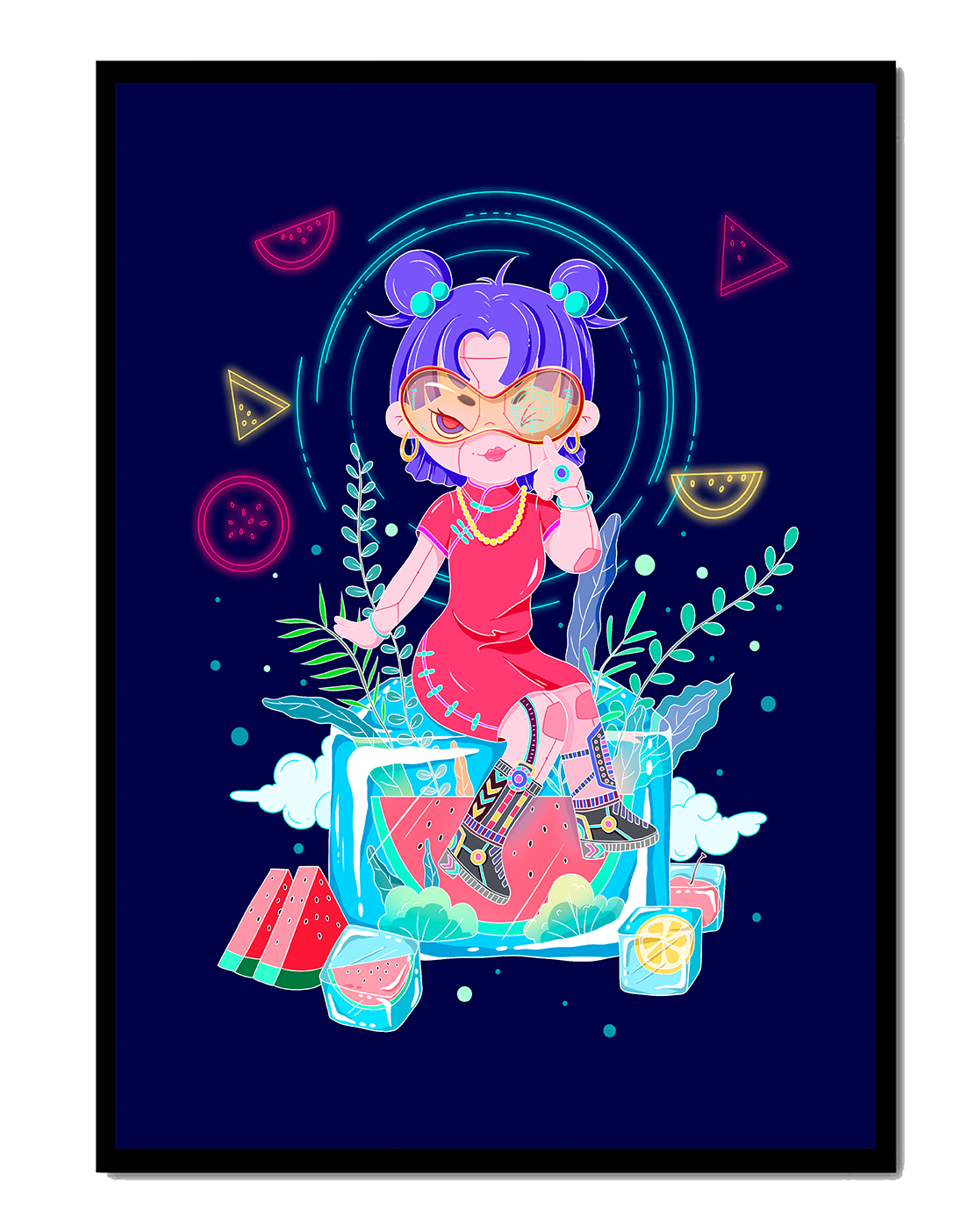 Personnage de dessin animé coloré avec des éléments futuristes