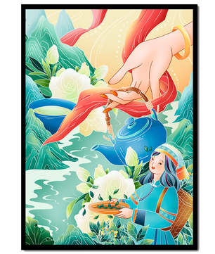 Escena ilustrativa de la cultura del té con montañas y elementos florales