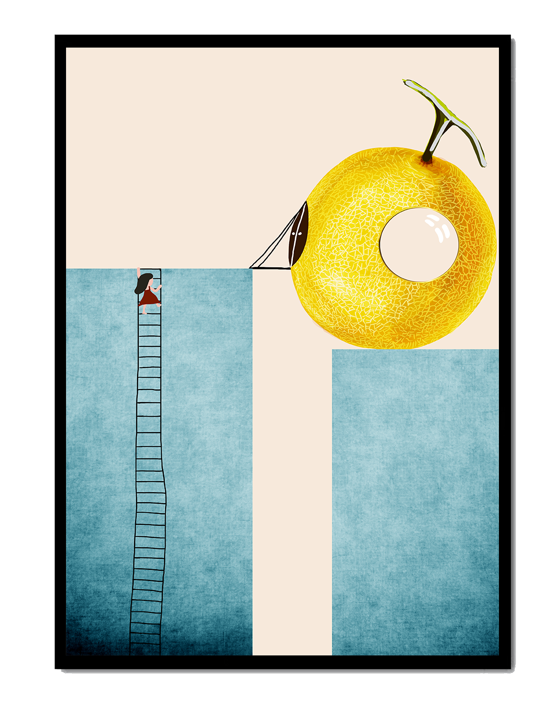 Woman Climbing Ladder towards Giant Yellow Fruit