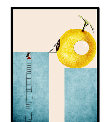Woman Climbing Ladder towards Giant Yellow Fruit