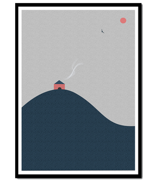 Minimalistische Landschaft mit Haus auf einem Hügel und Sonnenuntergang
