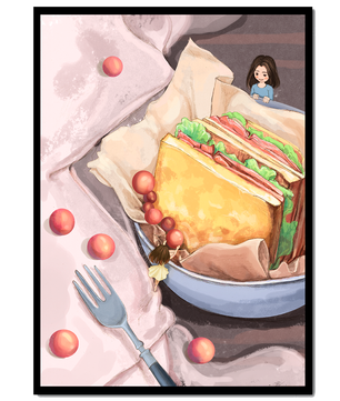 Niñas miniatura caprichosas cerca de un sándwich con tomates y tenedor