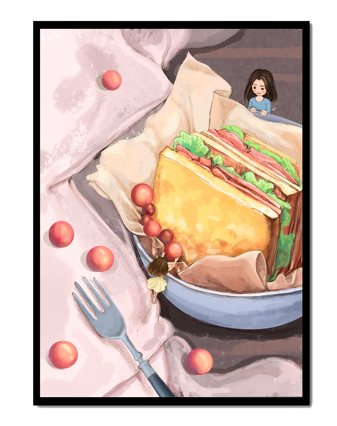 Niñas miniatura caprichosas cerca de un sándwich con tomates y tenedor
