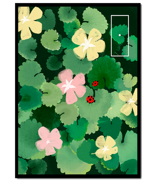 Colorful floral illustration with ladybugs in a lush garden setting