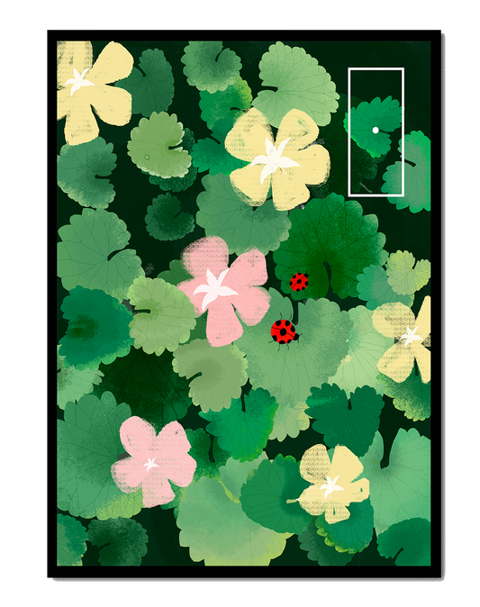 Colorful floral illustration with ladybugs in a lush garden setting