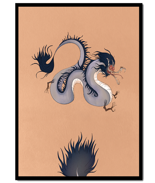 Illustration of a mystical dragon with fluid form on a beige background