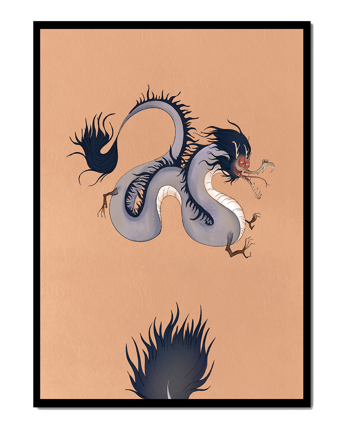 Illustration of a mystical dragon with fluid form on a beige background