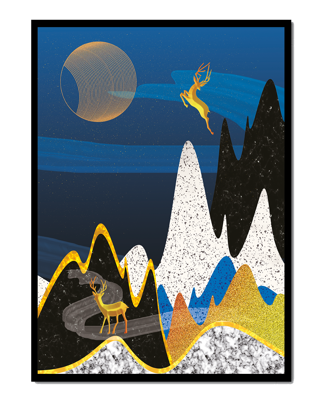 Abstract Landscape with Golden Deer and Surreal Moon